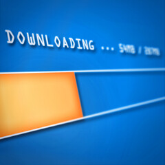 Fototapete - Internet, download and install progress on blue screen for data update or information sharing. Cybersecurity, software and website with bar loading on dashboard display for IT system upgrade