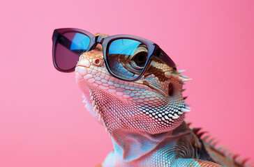 Stylish Bearded Dragon Wearing Sunglasses on Pink Background