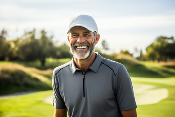 Portrait of middle aged smiling man on the golf course