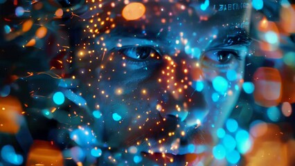 Poster - Close up of a man's face with glowing dots, suitable for technology concept designs.