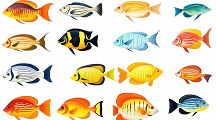 Wall Mural - Great tropical fish collection on white background