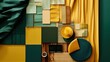 Elegant pasted composition in green and yellow wood colors with textiles and color samples. Top view. Copy space.