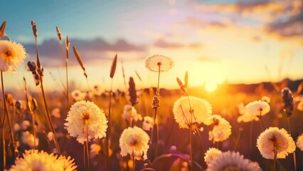 Wall Mural - grass flower on sunset sky background. summer and nature concept. generative ai.
