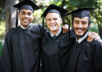 Sticker - Happy, men and school portrait at graduation with celebration, friends and graduate group outdoor with a smile. Class, support and education event on campus with diversity and college degree