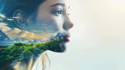 Poster - Surreal image of a woman with a mountain inside her mouth, perfect for conceptual designs.