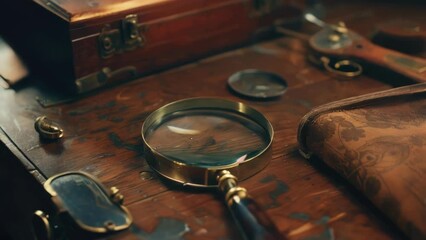 Poster - Close-up of a wooden table with a magnifying glass. Ideal for educational and research concepts.