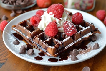 Wall Mural - Stack of chocolate waffles with strawberries