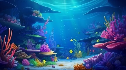 Wall Mural - Underwater coral reef landscape background  in the deep blue ocean with colorful fish and marine life