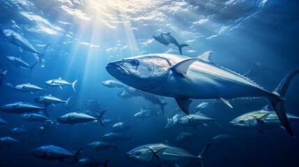 Wall Mural - Underwater Image of School of Dogtooth Tuna Fish in the Sea