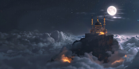 Wall Mural - Mosque on the edge of rock cliff with sea of clouds at night with full moon