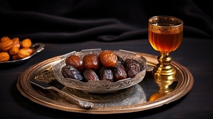 A vintage metallic bowl of dates and black tea. Arabic custom and culture to serve tea to the guest