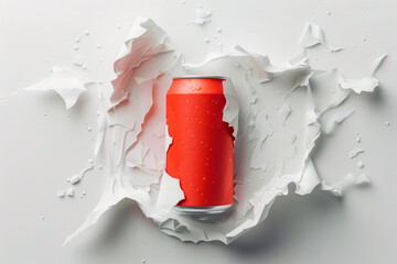 Poster - paper art-style illustration of a soda can against a white background. The soda can is depicted with intricate paper-cut details. The white background, vivid colors. for various projects, adv, posters