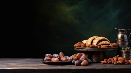 Wall Mural - Muslim Ramadan Kareem with dates fruits arranged in shape of crescent moon, water and bread on black background, banner, copy space. Iftar party concept