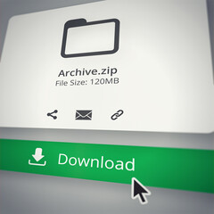 Poster - Html, download and archive zip with file size or digital content and webpage attachment of information research. Storage, delivery and online archives with pointer or cursor and media in technology