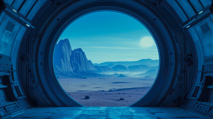 Wall Mural - Galactic Vantage: View of Alien Desert from Sci-Fi Dark Blue Spaceship