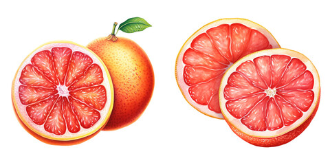 set of two grapefruits clipart watercolor illustration on transparent background, summer fruits