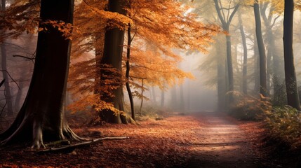 Poster - A picturesque autumn forest with colorful foliage of trees and a path on a foggy cloudy day. Seasons, Nature, Park, Landscape concepts.