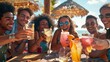 Happy multiracial friends cheering cocktail glasses together at beach party. Youth lifestyle and summertime vacations concept.