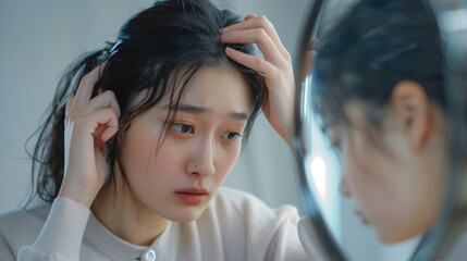 Wall Mural - Damaged Hair symptom, face serious asian young woman, girl worry about balding, looking at scalp in mirror, hand in break into front hair loss, thin problem. Health care treatment for beauty concept 