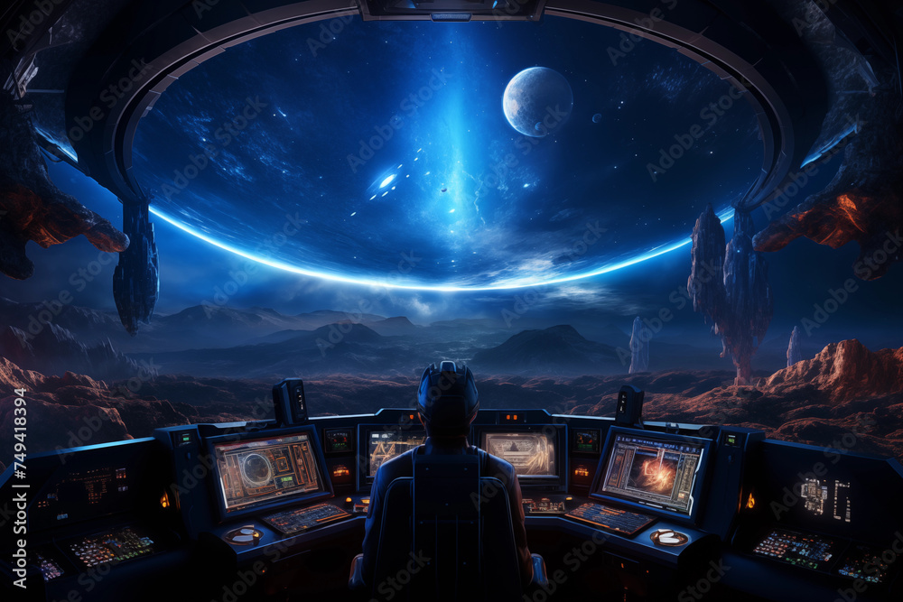 Pilot in spaceship control room Stock Photo | Adobe Stock