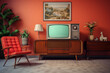 © Kokhanchikov - Retro living room interior with tv
