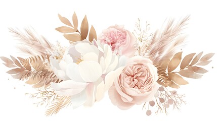 Modern beige and blush trendy vector design banner. Pastel pampas grass, fern, white peony, pale magnolia, ranunculus, pink rose. Watercolor brush texture.Wedding boho card. Isolated. Generative Ai