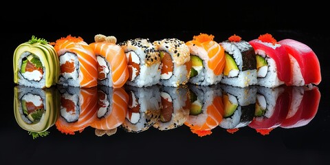 Wall Mural - Sushi, set of sushi and rolls, Asian cuisine, restaurant, chopsticks, special, close-up, wallpaper.