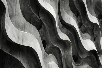 Poster - Dynamic, undulating patterns of a buildings unique exterior design, characterized by repeating wavy lines and shadows that create a mesmerizing rhythm. Generative AI