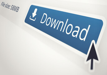 Fototapete - Internet, download and cursor icon to click option for file sharing on screen with white background. Computer, cybersecurity and information technology with symbol on display for cloud computing