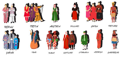 Wall Mural - illustration of a set of people of different nation traditional dress