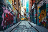 Fototapeta  - A narrow alleyway covered in graffiti, with colorful and intricate designs covering the walls from top to bottom. Generative AI