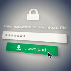 Fototapete - Cybersecurity, download and password with icon on screen to select or click button symbol for access. Computer, code or data protection with cursor on display for file or information sharing online