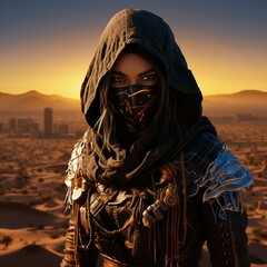 Poster - Background, cyberpunk style image, portrait of a person in desert