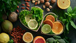 Detox diet ingredients, Heart-shaped containers with leafy greens, citrus fruits, and nuts