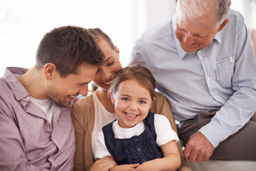 Canvas Print - Parents, grandfather and child with portrait on sofa for healthy development, security or comfort in apartment. Family, men and woman with girl kid, smile and bonding for parenting and love in house