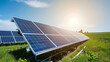 Solar panels in solar farm with sun lighting