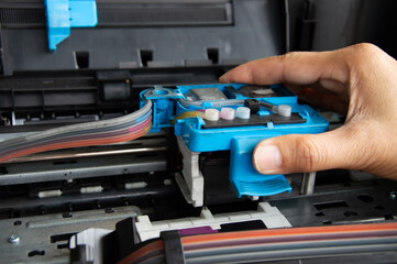 Poster - technician repairing printer, fixing printer head