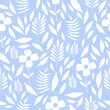 Seamless pattern with small white flowers on a light blue color. Hand drawn floral pattern for your fabric, summer background, wallpaper, backdrop, textile, Dixie style.