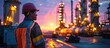 A worker wearing a hard hat stands in front of an oil refinery, overseeing operations at dusk.
