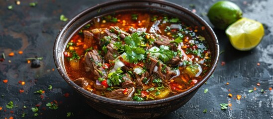 A bowl filled with rich and flavorful Birria soup, a traditional Mexican dish featuring tender meat and assorted vegetables in a savory broth.