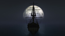 Old Ship In Sea Full Moon Illustration
