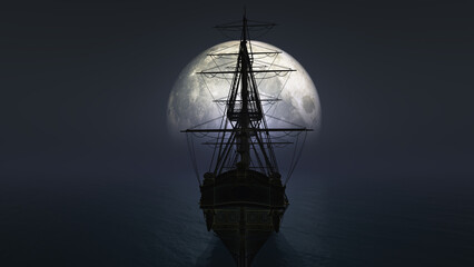 Wall Mural - old ship in sea full moon illustration