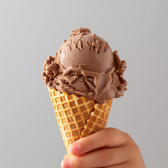 Chocolate ice cream isolated on a clean background - ice cream, cone, child's hand, waffle cone  