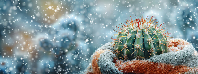 Closeup of A cactus wrapped in a blanket with snowflakes dancing around watercolor protection