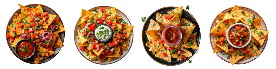 Wall Mural - Freshly made spicy nachos with dipping sauce isolated on transparent background.