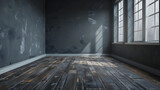 Fototapeta Perspektywa 3d - A dark room with a wooden floor and sunlight shining through a window.