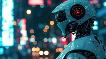 Wall Mural - Close-up of humanoid robot head in neon city - The image showcases a close-up of the head of a humanoid robot looking sideways with red illuminated eyes in a neon light city environment
