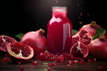 freshly squeezed pomegranate juice, peels and ice nearby. A fresh breakfast smoothie created by artificial intelligence. 3D illustration