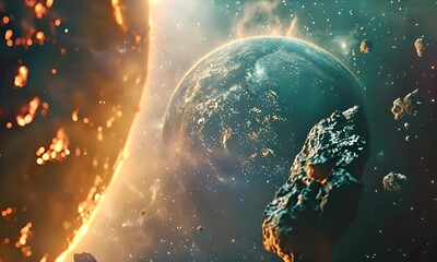Wall Mural - planet with asteroids in orbit in outer space. the concept of space hazard.