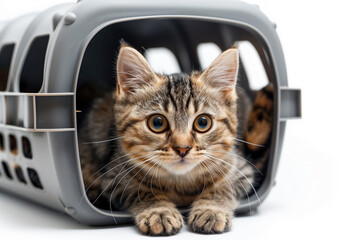 cat in a carrier on a white background